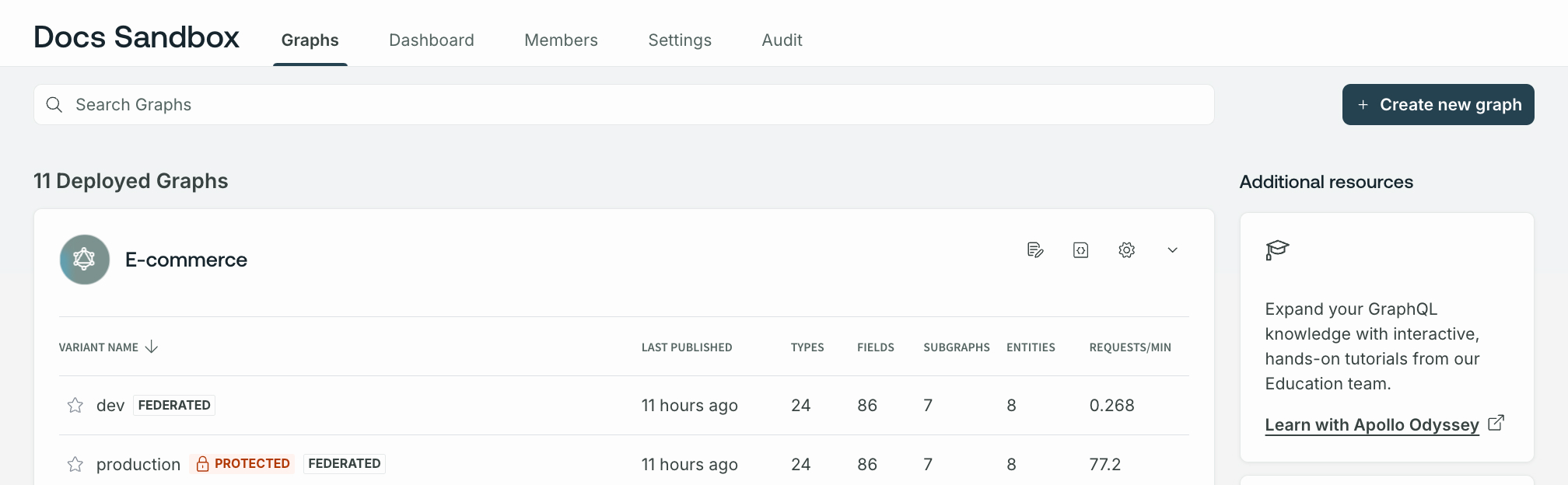 Graphs tab in GraphOS Studio