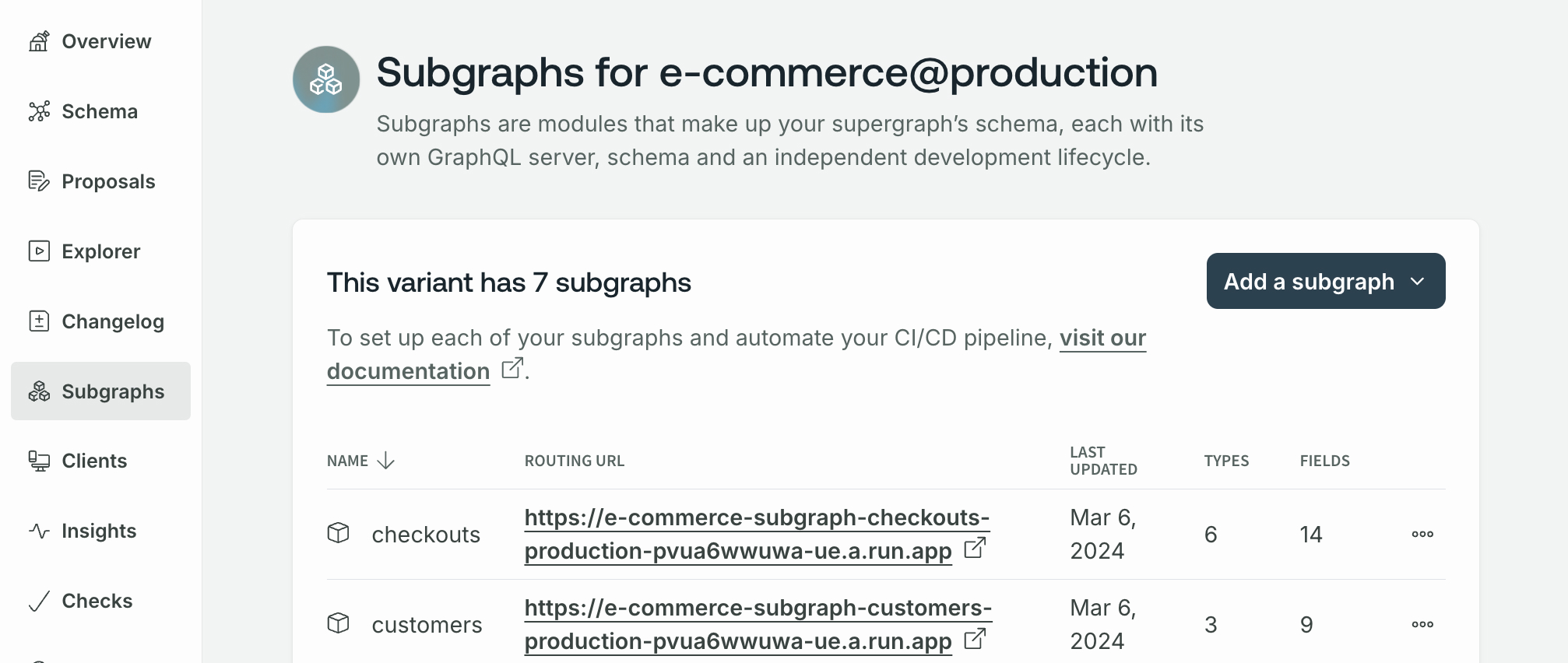 The 'Add a subgraph' button in the subgraphs page in GraphOS Studio